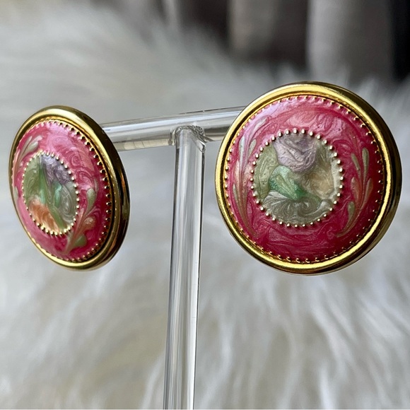 Vintage | Swirl Enameled Elegant Pink and Green Pierced Earrings Timeless Charm - Picture 1 of 8